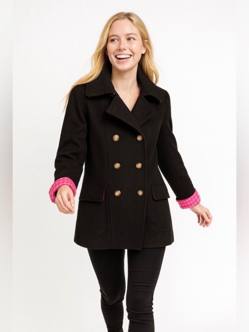 Lilly Pulitzer Wool Blend Double Breasted Pea Coat Black/Pink M